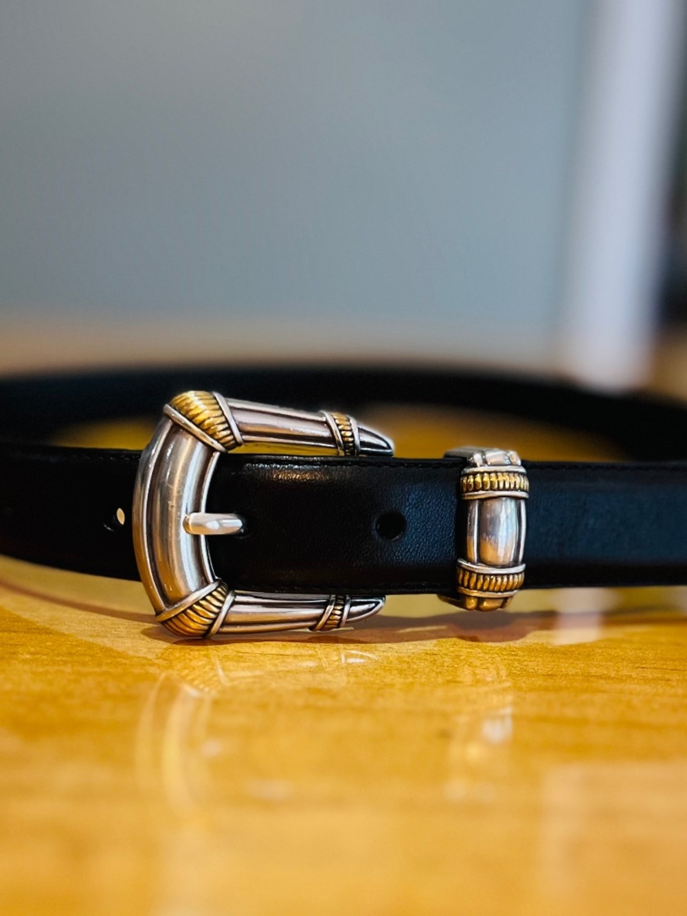 Fossil Genuine Leather Black Belt Silver & Gold Two-Toned Buckle Size Medium